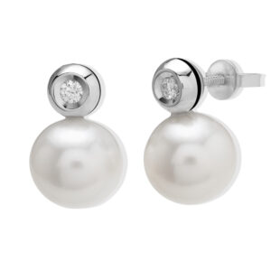 Pendientes Oro Blanco Con Perla y Diamantes
