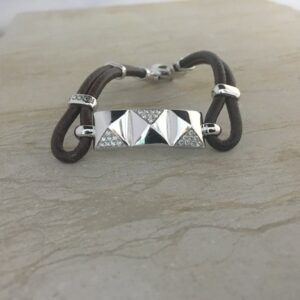 Pulsera Oro  Blanco, Con Diamantes Talla Brillante, Brazalete Cuero